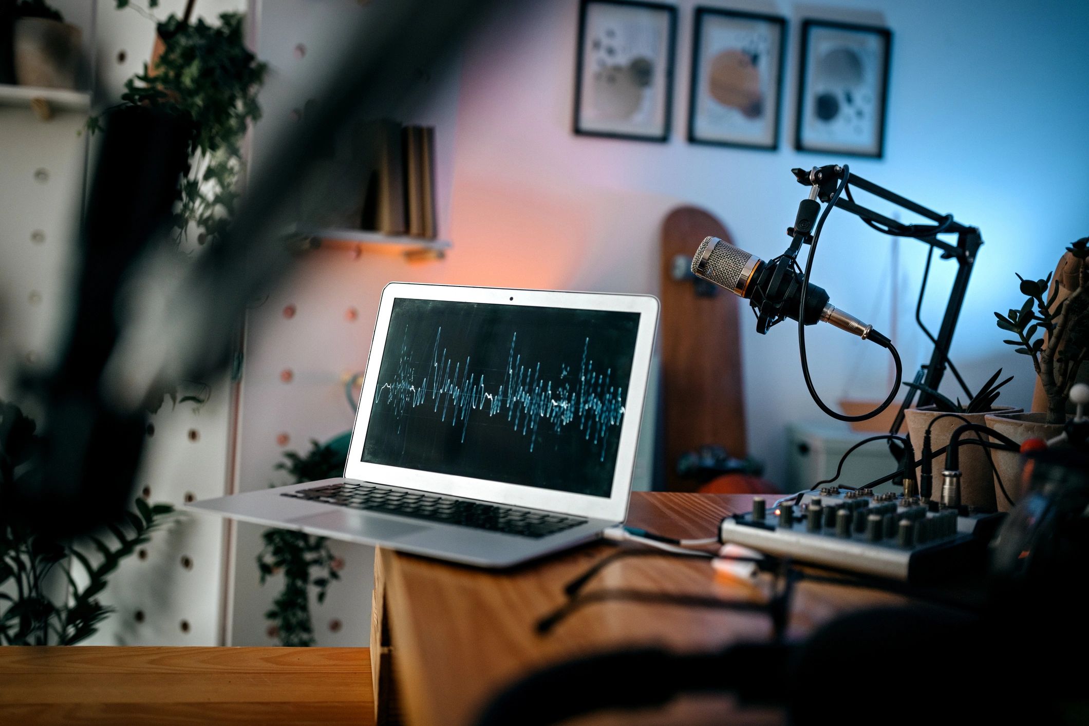 Podcast microphone in studio setup ready for recording