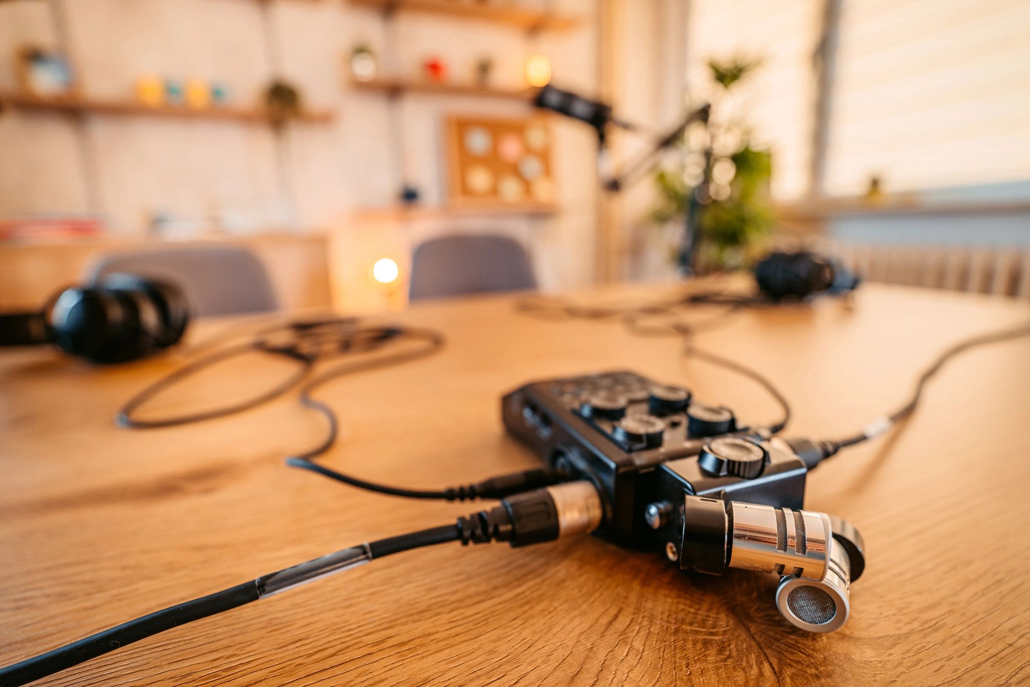Sound mixing device connected to microphones and headphones for podcast production