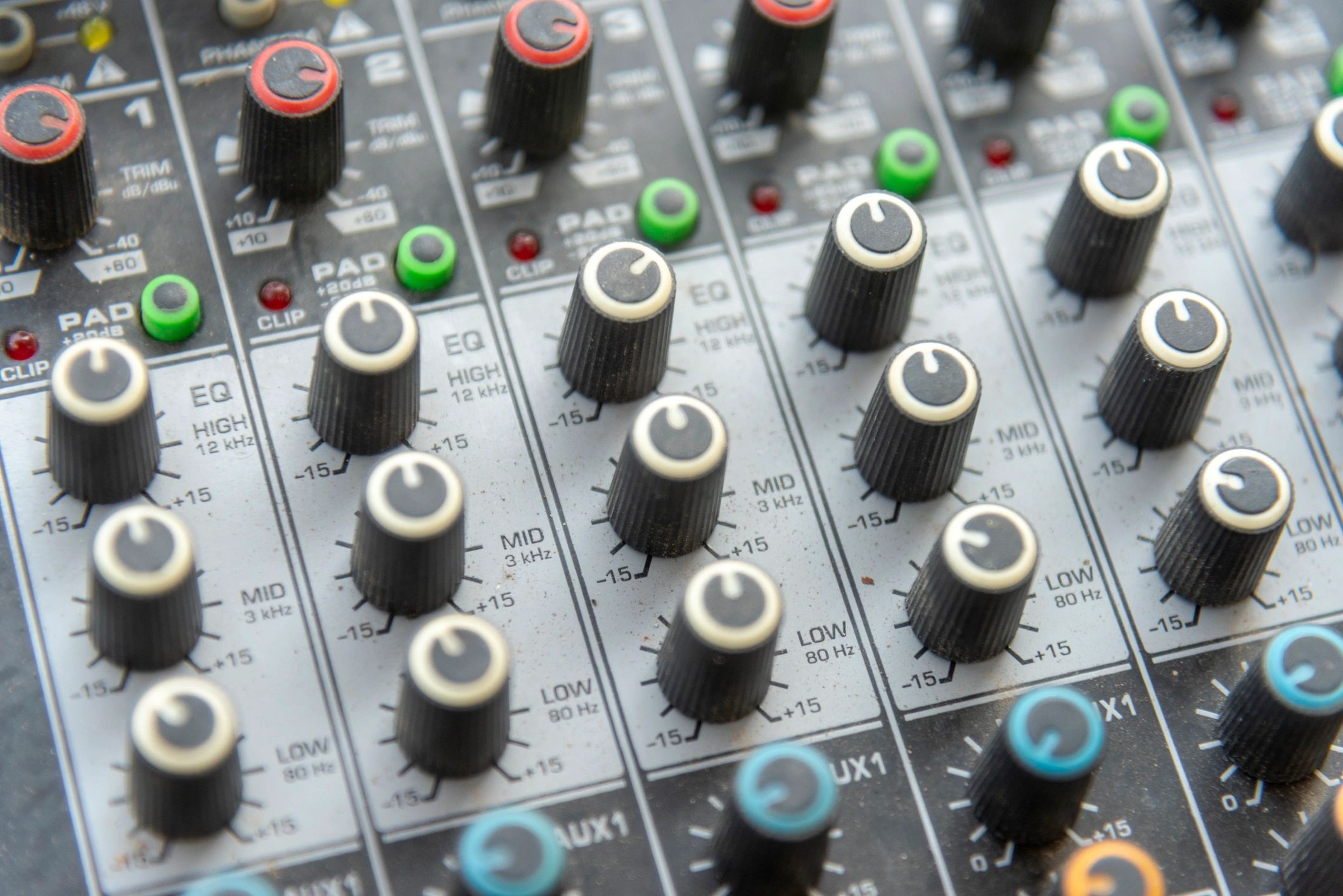Close-up of audio mixer controls for podcast production